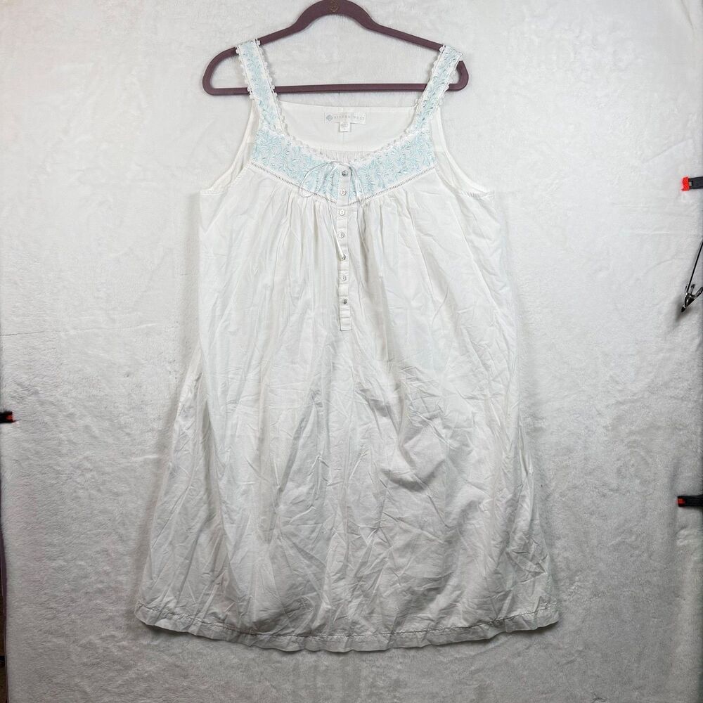 Eileen West Nightgown L White Blue Embroidered Cotton Sleeveless MOP Buttons